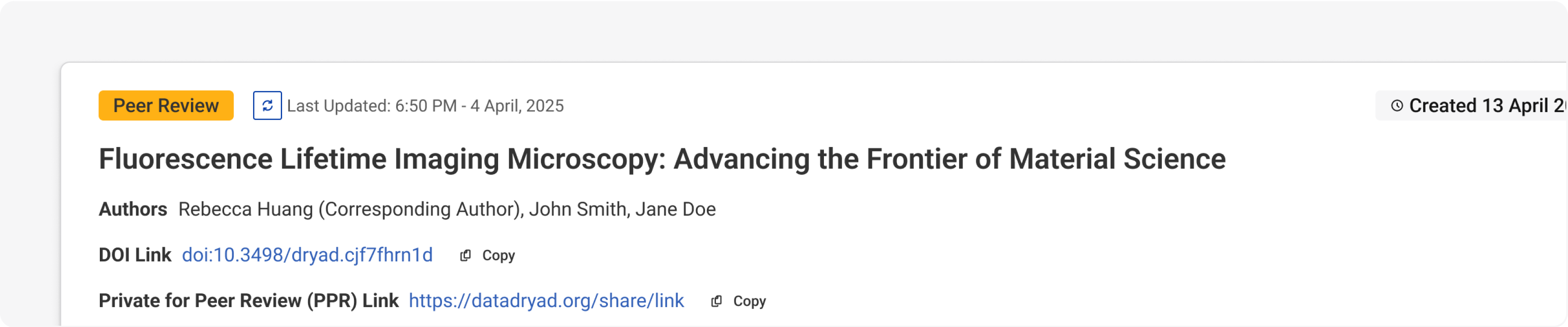 Example of dataset card in Peer Review status with private sharing links