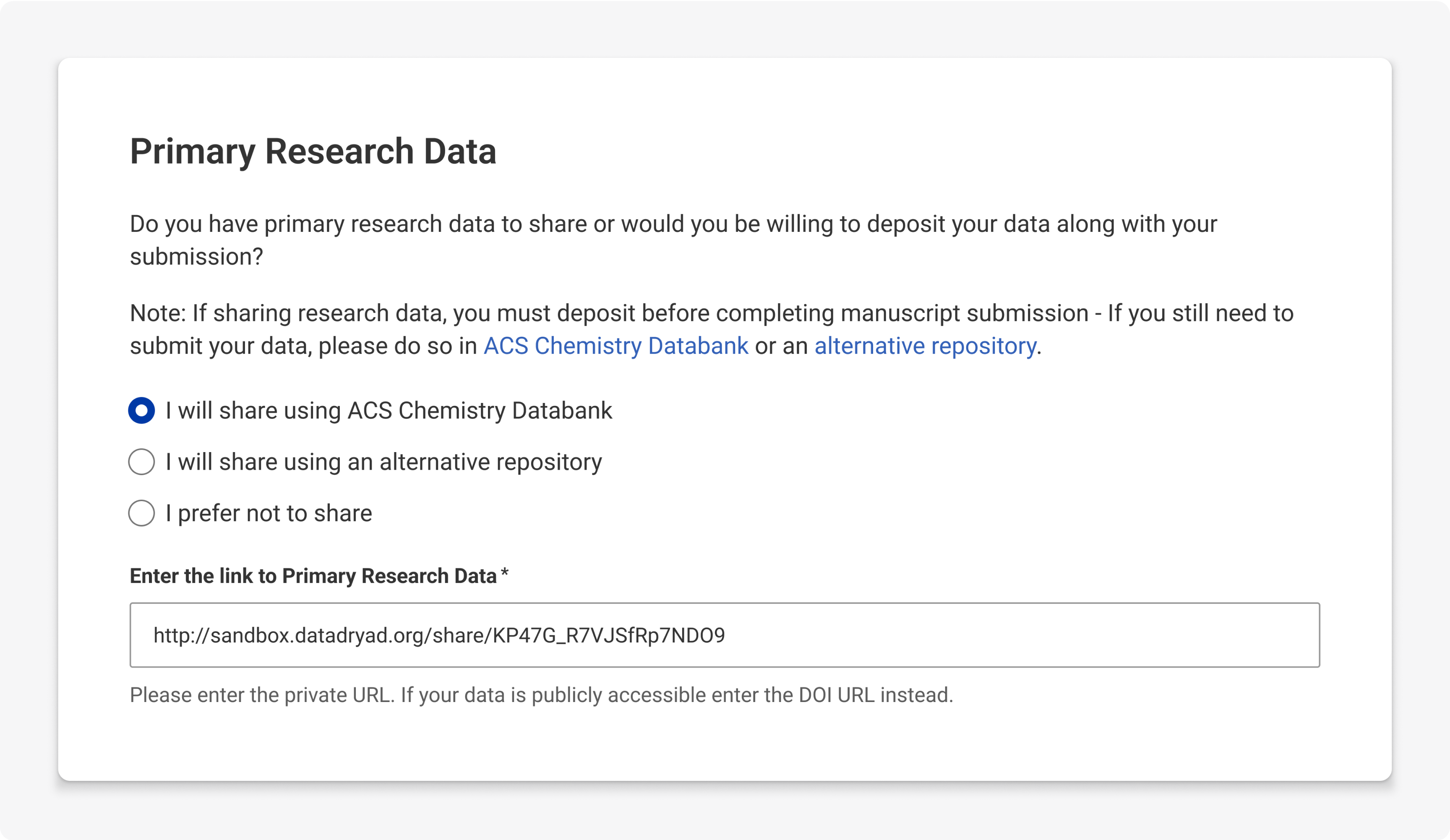 Primary Research Data sharing options during the menuscript submission process